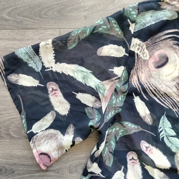 Feather Print Navy Open Front Kimono Cover Up Short Sleeve Size S/M - Picture 5 of 10